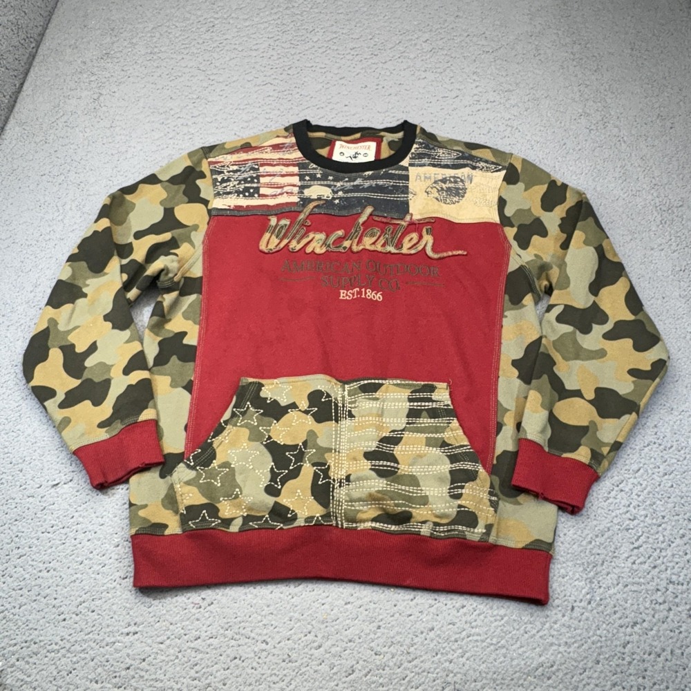 Winchester Indian Head Pullover Mens Large Tan Red Camo Outdoor Sweatshirt